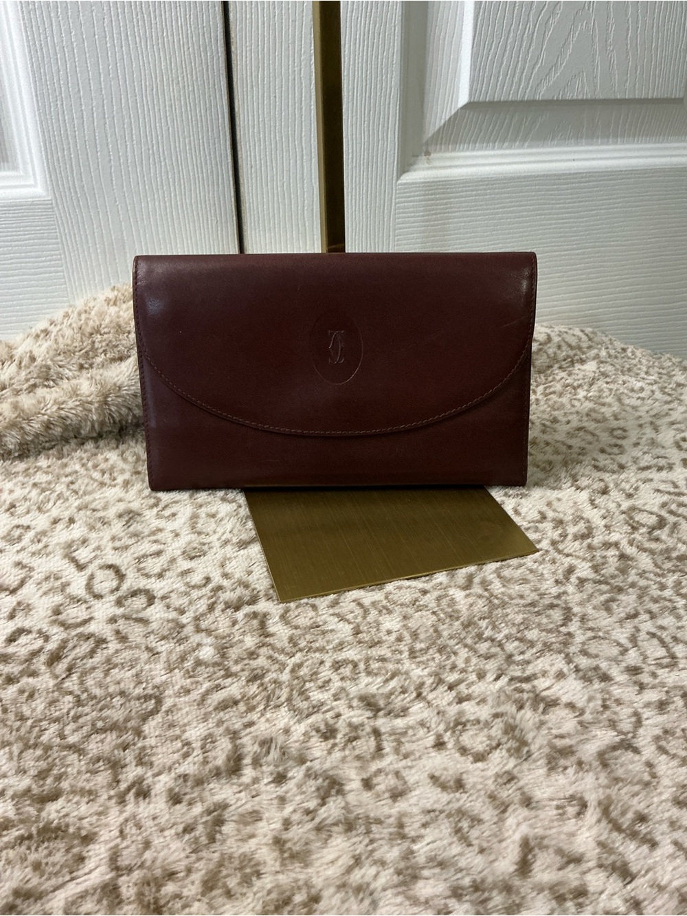 Cartier Deep Brown Leather Envelope Clutch trifold long wallet calfskin leather.